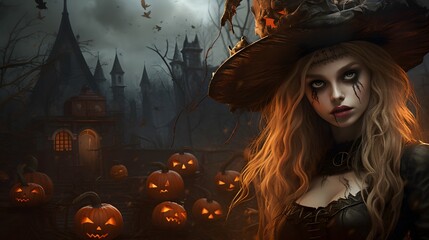 Halloween witch with pumpkins and haunted house. 3D illustration. Halloween background with witch.
