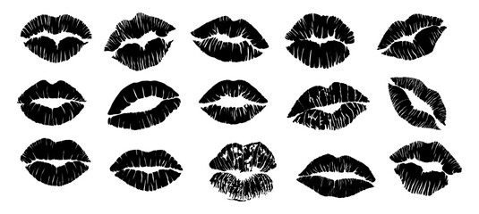 Fototapeta Set of Lipstick kiss print silhouettes. Different shapes female sexy lips. Lips makeup. Female mouth. Imprint of lips kiss vector black outline illustrations isolated on transparent background. obraz
