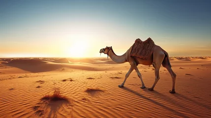 Schilderijen op glas Animal wildlife photography camel with natural background in the sunset view, AI generated image © atapdesain