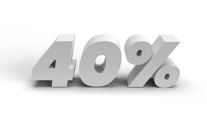 40% white 3d number on transparent background. Perspective. Isolated