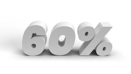 60% white 3d number on transparent background. Perspective. Isolated