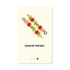 Roasted meat and vegetables on skewer flat icon. Vertical sign or vector illustration of delicious dish or cuisine element. Food, cooking, culinary, diet concept for web design and apps