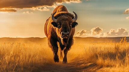 Animal wildlife photography buffalo with natural background in the sunset view, AI generated image