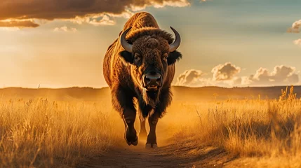 Zelfklevend Fotobehang Animal wildlife photography buffalo with natural background in the sunset view, AI generated image © atapdesain