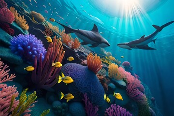 Fototapeta na wymiar coral reef and fishes in water generative ai