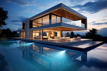 Fototapeta premium Modern house with Swimming pool. Luxury mansion house. Modern minimalist villa.