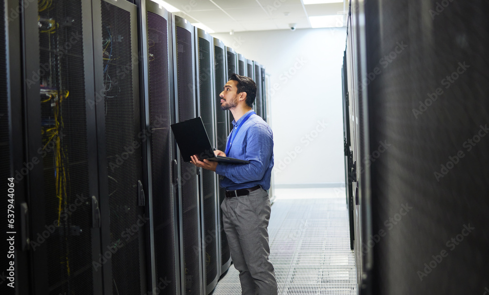 Poster Man, engineering laptop and server room, data center inspection or system solution for cybersecurity coding. IT person on computer for cables check, business power or programming hardware in basement