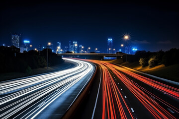 Fototapeta na wymiar Beautiful trails of light shining on the highway at night with a long exposure and background of the night view of the big city. Nightscape concept suitable for night scenes and landscapes.