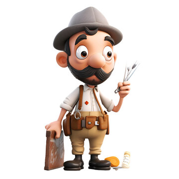 3d illustration of a cartoon character with tools,isolated white background