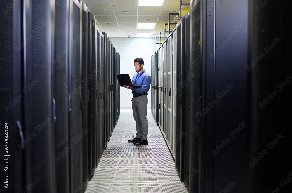 Poster server room, laptop or man typing for cybersecurity glitch, machine or to search online for servers 