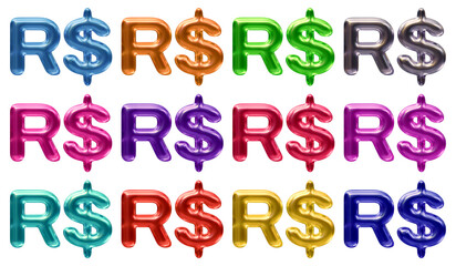 Set of Brazilian real currency sign of brazil. Icon or sign shape isolated on transparent background in 3d rendering.