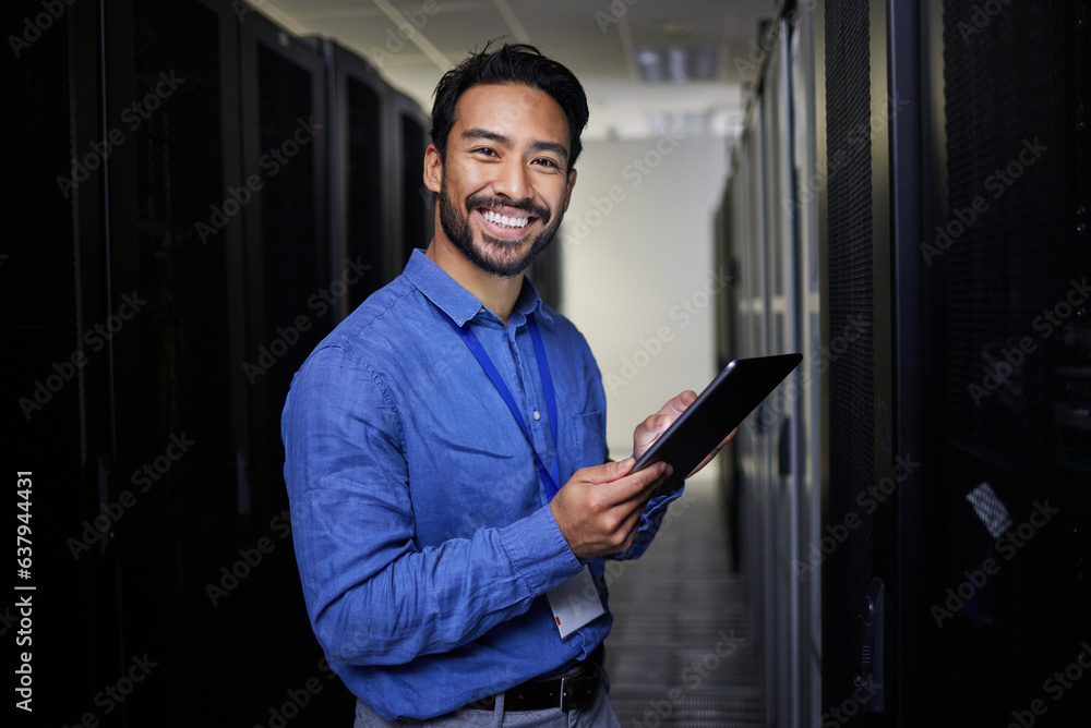 Aufkleber Tablet, man and portrait in server room of engineer programming at night. Information technology, face and happy Asian technician in data center, networking and coding software of system admin expert