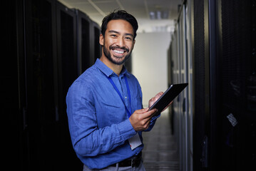 Tablet, man and portrait in server room of engineer programming at night. Information technology, face and happy Asian technician in data center, networking and coding software of system admin expert