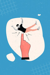 Vertical photo collage illustration of funky young guy miniature directing finger touching...