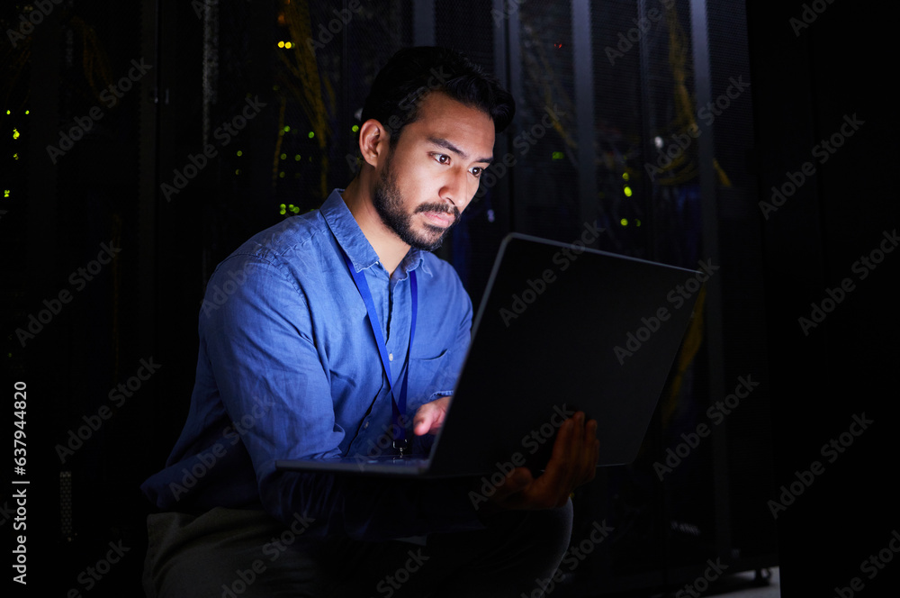 Poster night, server room or man typing for cybersecurity glitch, machine or internet servers system. it su