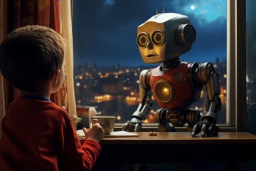 Kid and robot. Beautiful illustration picture. Generative AI