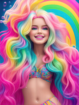 beautiful women styled like dolls with rainbow colors