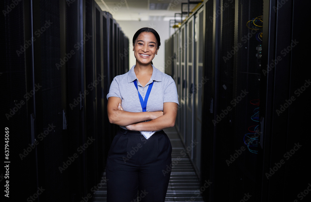 Poster data center, portrait or happy woman for online cybersecurity glitch, machine or servers system. it 