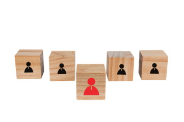 Wooden block with people icon. Choosing suitable leader in organization and teamwork concept. Isolated on white background. PNG