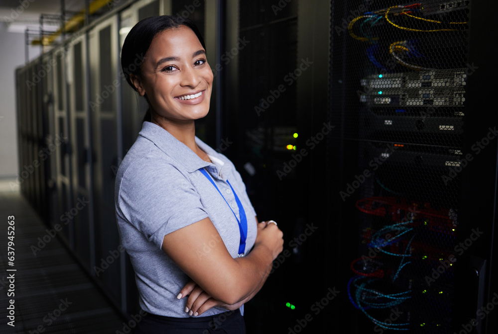 Aufkleber server room, portrait or woman engineer for online cybersecurity glitch, machine or servers system. 