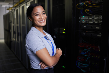 Server room, portrait or woman engineer for online cybersecurity glitch, machine or servers system. IT support, smile or happy woman fixing network for information technology solution in data center