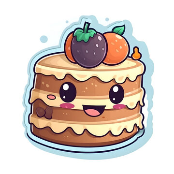 Cute cartoon cake kawaii with fruits. Vector illustration.