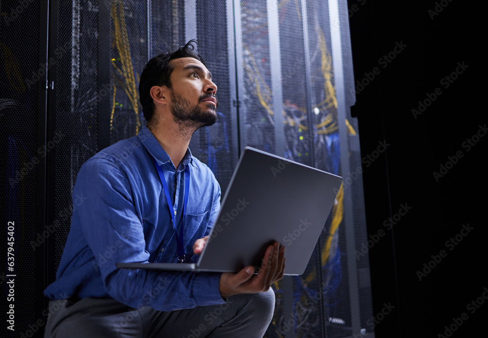 Poster data center, laptop or developer typing for cybersecurity glitch, machine or to search online on ser