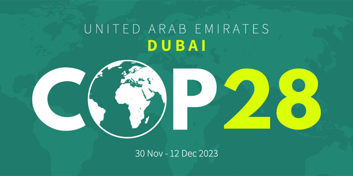 COP28 UAE. Annual United Nations climate change conference. Dubai, United Arab Emirates, in November 2023. International climate summit banner. Global Warming. Vector illustration