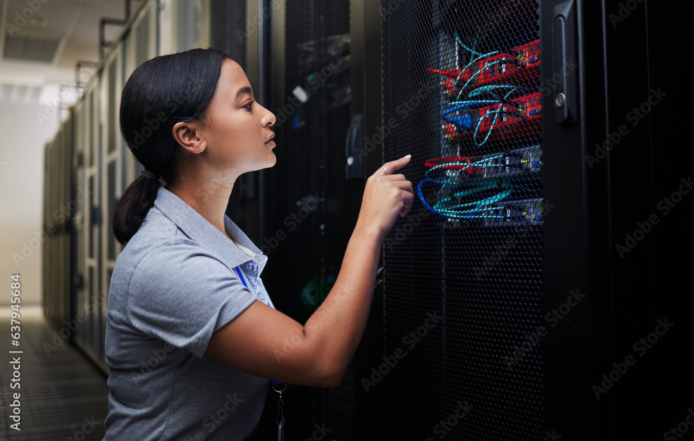Poster Woman, cable and engineer in server room to check inspection of cloud computing. Information technology, wire and technician in data center, networking in maintenance or cybersecurity of system admin