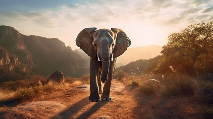 Animal wildlife photography elephant with natural background in the sunset view, AI generated image - obrazy, fototapety, plakaty