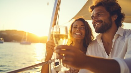 Couple relax and enjoy luxury outdoor lifestyle celebration party drinking champagne together while travel on luxury private catamaran boat yacht sailing in the ocean on summer holiday vacation. - obrazy, fototapety, plakaty