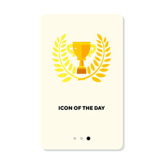 Gold cup with laurel wreath flat icon. Vertical sign or vector illustration of prize or reward. Achievement, victory, celebration, sports, competition concept for web design and apps