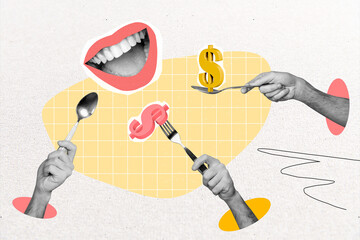 Collage image of black white effect arms hold spoon fork eat dollar money symbol big smiling mouth...