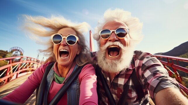 Mature couple on a roller coaster. Beautiful illustration picture. Generative AI