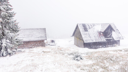 Old barn in a cold foggy winter day. 