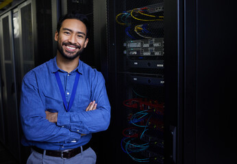 Server room, portrait or happy male developer for online cybersecurity glitch or machine system. IT...