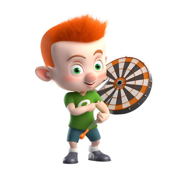 3d Render of Little Boy with dartboard on white background with shadow