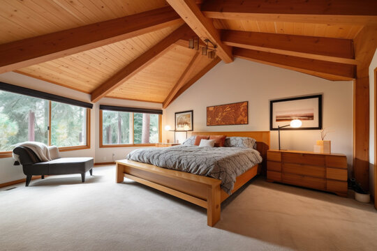 The interior of a large modern bedroom with high ceilings and wooden beams.