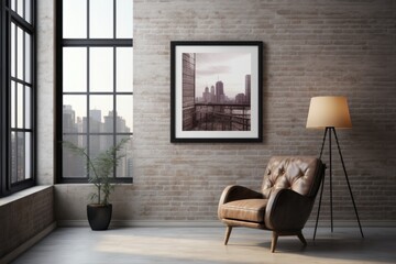 Interior of a room with a photo frame on the wall and an armchair