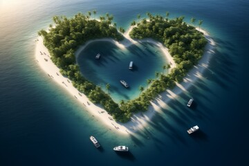 Heart shaped island in the middle of the ocean. Beautiful illustration picture. Generative AI