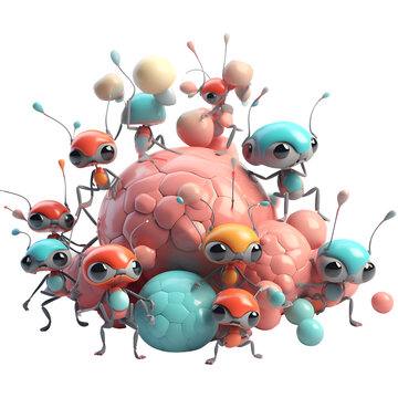 Group of ants carrying a big ball. 3d render illustration.