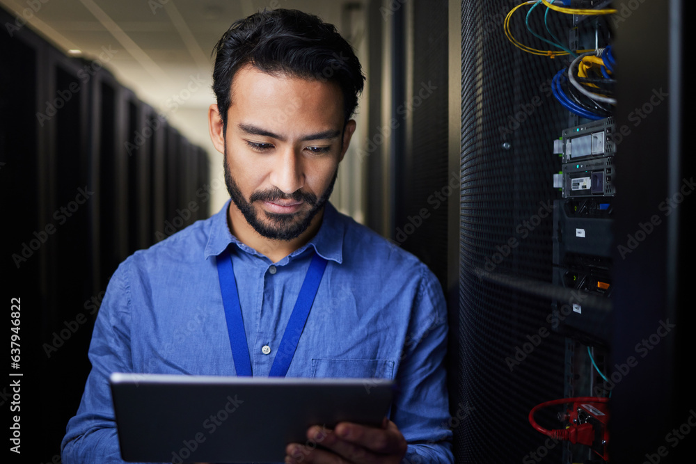 Aufkleber Tablet, man and engineer in server room on research for programming at night. Information technology, inspection and technician in data center reading, network maintenance or typing code for software