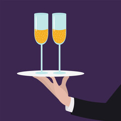 Glasses of champagne in full in the hands of a waiter. Christmas illustration