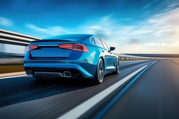 Close-up Rear view of blue Business car on high speed in turn. Blue car rushing along a high-speed highway - Powered by Adobe