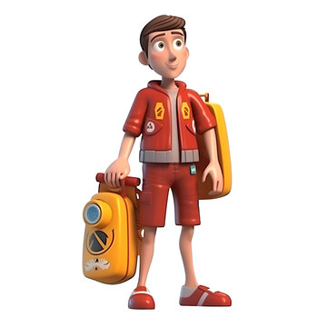 3D Render of a cartoon fireman with a gas mask and suitcase