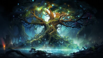 Magical tree at night. Beautiful illustration picture. Generative AI