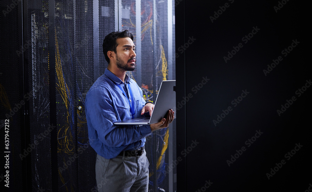 Aufkleber Man, thinking and laptop for server room inspection, data center solution and coding, engineering and programming. Person on computer, information technology check or electrician with cables at night