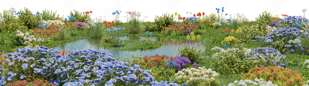 Poster field of colorful flowers on the lake, flowres on the garden in springtime with isolated on transpar