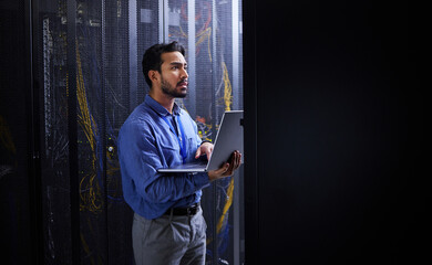 Man, thinking and laptop for server room inspection, data center solution and coding, engineering...