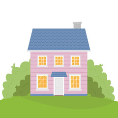 Pink house with a blue roof on a green background. Vector illustration in cartoon style.